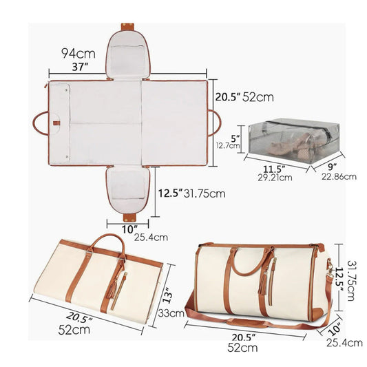 Measurement chart of a beige duffel bag with brown straps and handles on a white background.