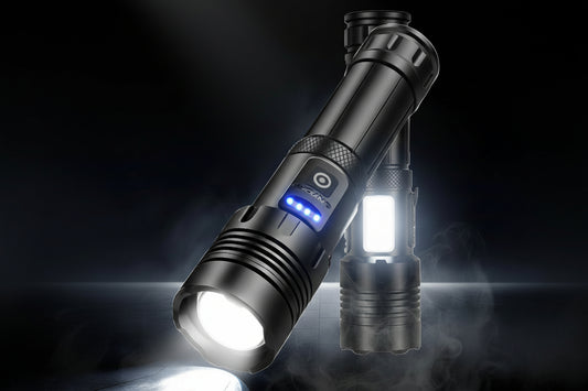 High-powered flashlight with XHP70.2 chip on a dark background