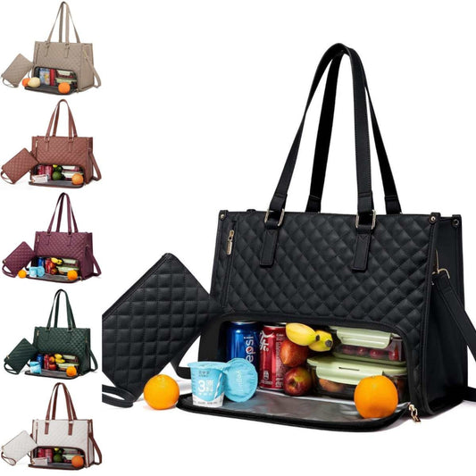 Black quilted handbag with compartments filled with snacks and drinks on a white background