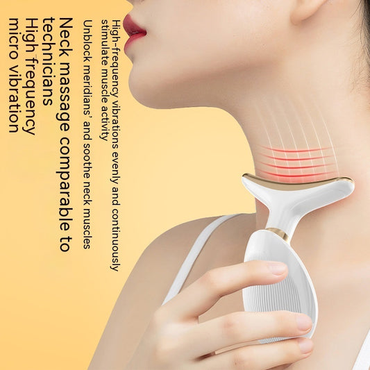Person using a neck massager with text about its benefits on a yellow background