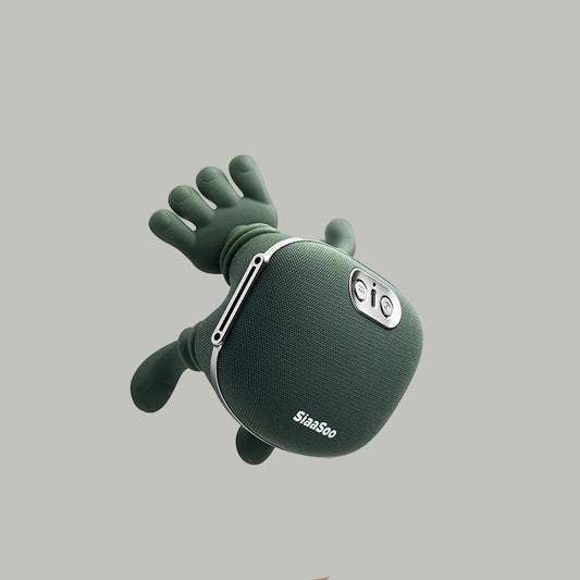 Green massage glove held in a hand with promotional text on a light gray background