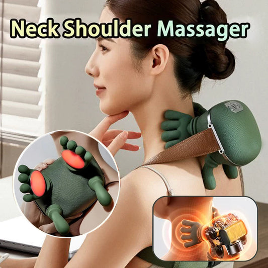 Woman using a neck shoulder massager with close-up insets showing its features.
