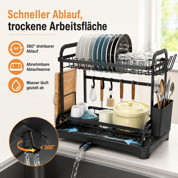 Schwarzer Geschirrständer aus Eisen mit Teller-, Schüssel- & Tassenhalter