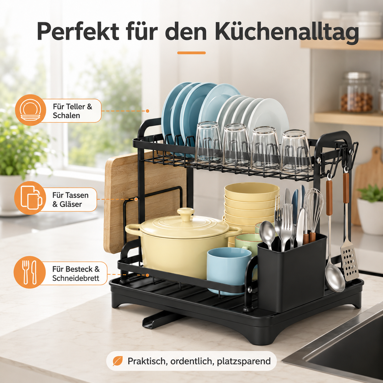 Schwarzer Geschirrständer aus Eisen mit Teller-, Schüssel- & Tassenhalter