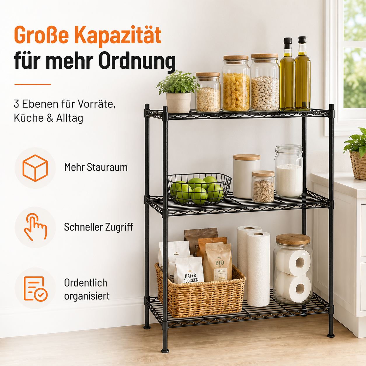 Schwarzes 3-stufiges Lagerregal – Kompaktes Aufbewahrungsregal