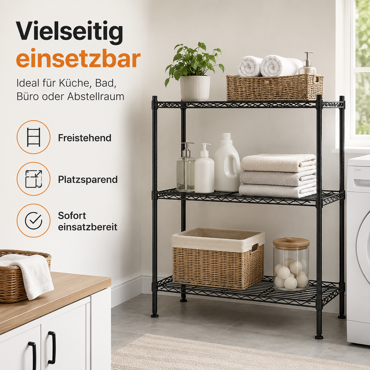 Schwarzes 3-stufiges Lagerregal – Kompaktes Aufbewahrungsregal