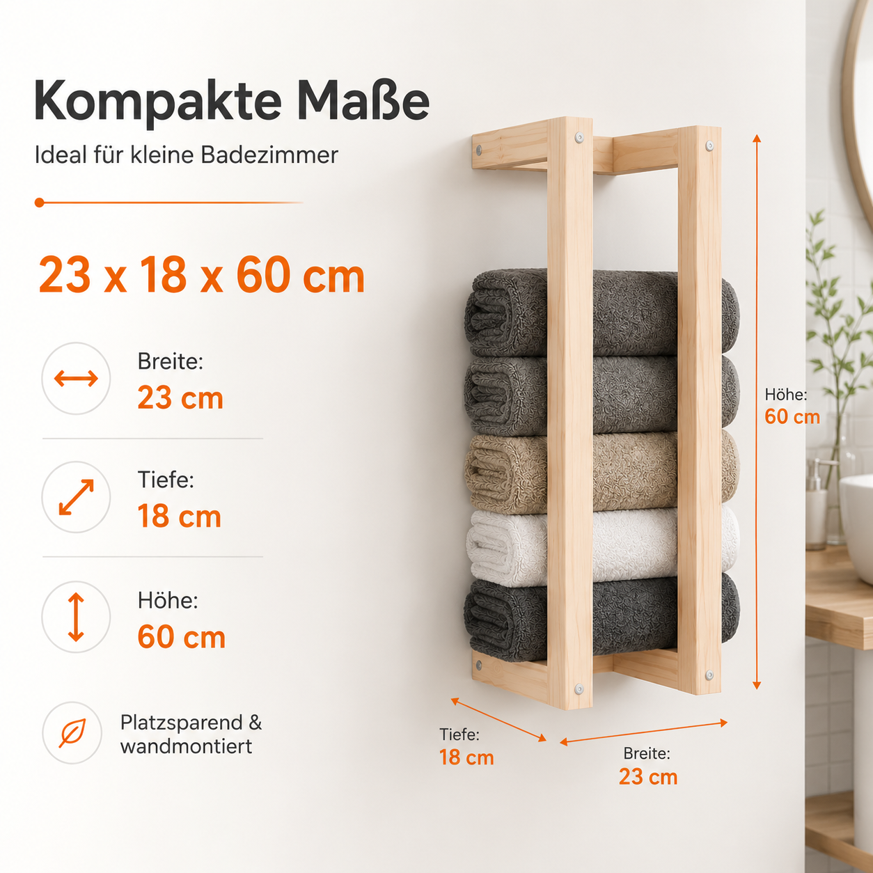 Wandmontierter Handtuchhalter aus massivem Kiefernholz für das Badezimmer