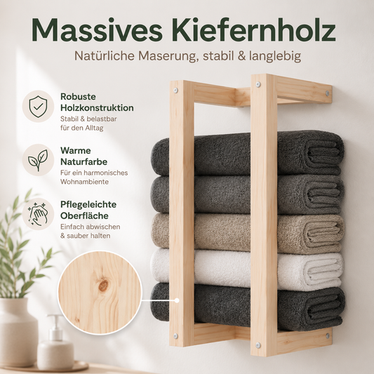 Wandmontierter Handtuchhalter aus massivem Kiefernholz für das Badezimmer