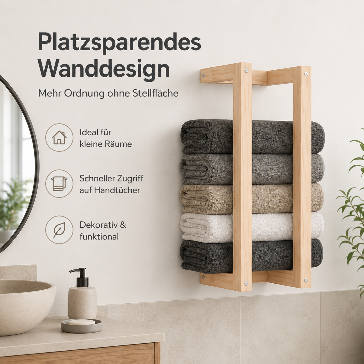 Wandmontierter Handtuchhalter aus massivem Kiefernholz für das Badezimmer