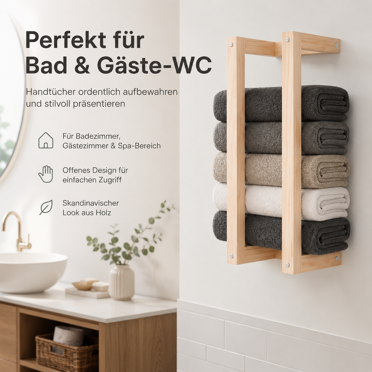 Wandmontierter Handtuchhalter aus massivem Kiefernholz für das Badezimmer