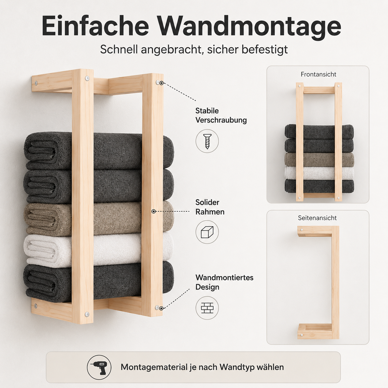 Wandmontierter Handtuchhalter aus massivem Kiefernholz für das Badezimmer