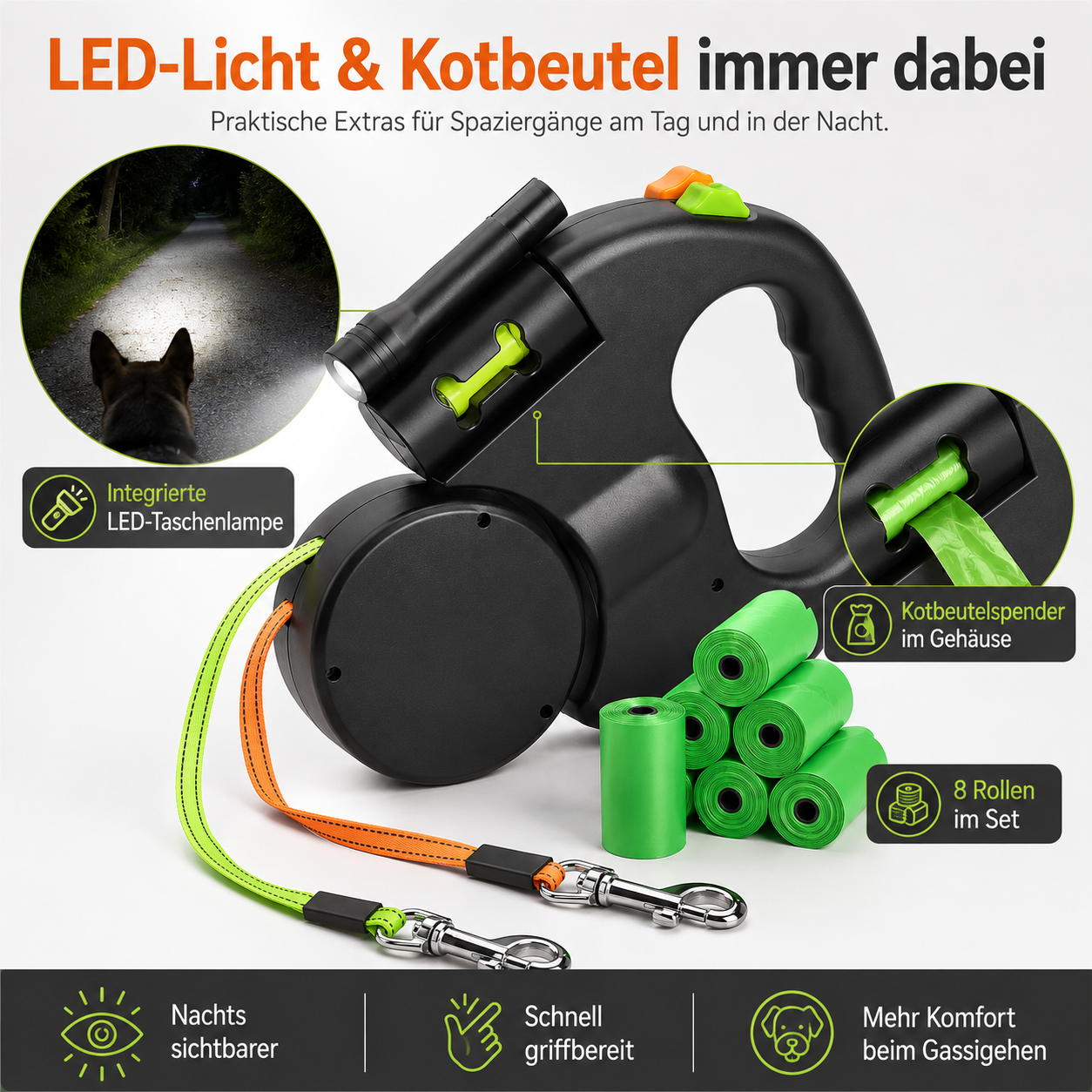 Retractable Dual Dog Leash with 360° Swivel & LED Light