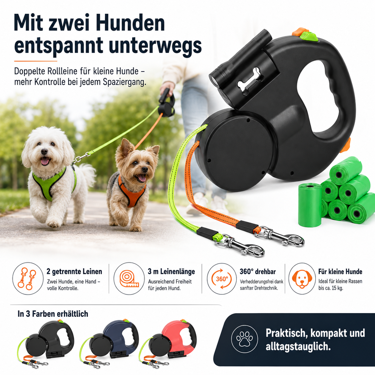 Retractable Dual Dog Leash with 360° Swivel & LED Light