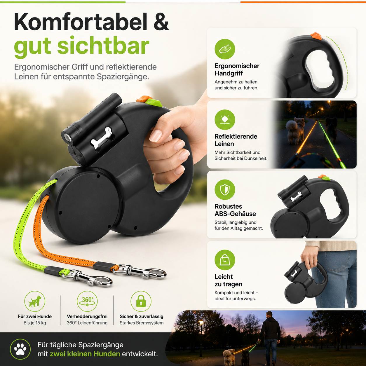 Retractable Dual Dog Leash with 360° Swivel & LED Light