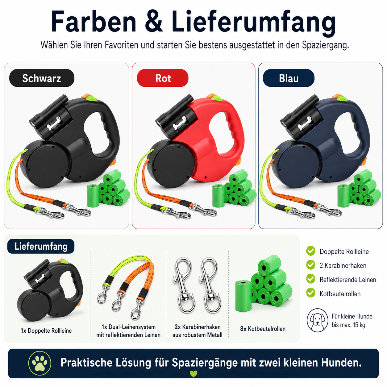 Retractable Dual Dog Leash with 360° Swivel & LED Light