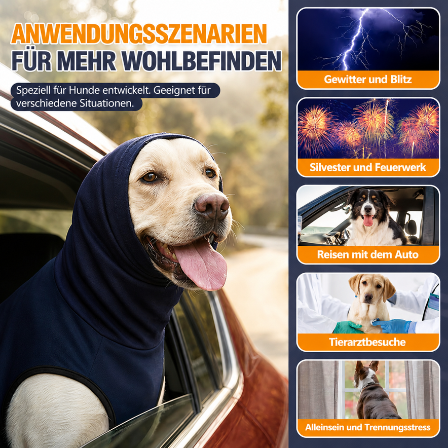 Hunde-Angstweste mit Kapuze – Beruhigungsshirt gegen Gewitter, Feuerwerk & Trennungsangst