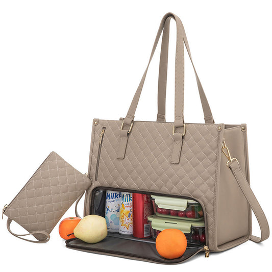 Quilted beige tote bag with compartments open, showing items inside on a white background